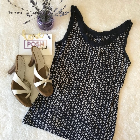 LOFT Ooh La La Twist Trim Tank Blue Tan Circle Dots Sleeveless Tank Size XS - Picture 2 of 7